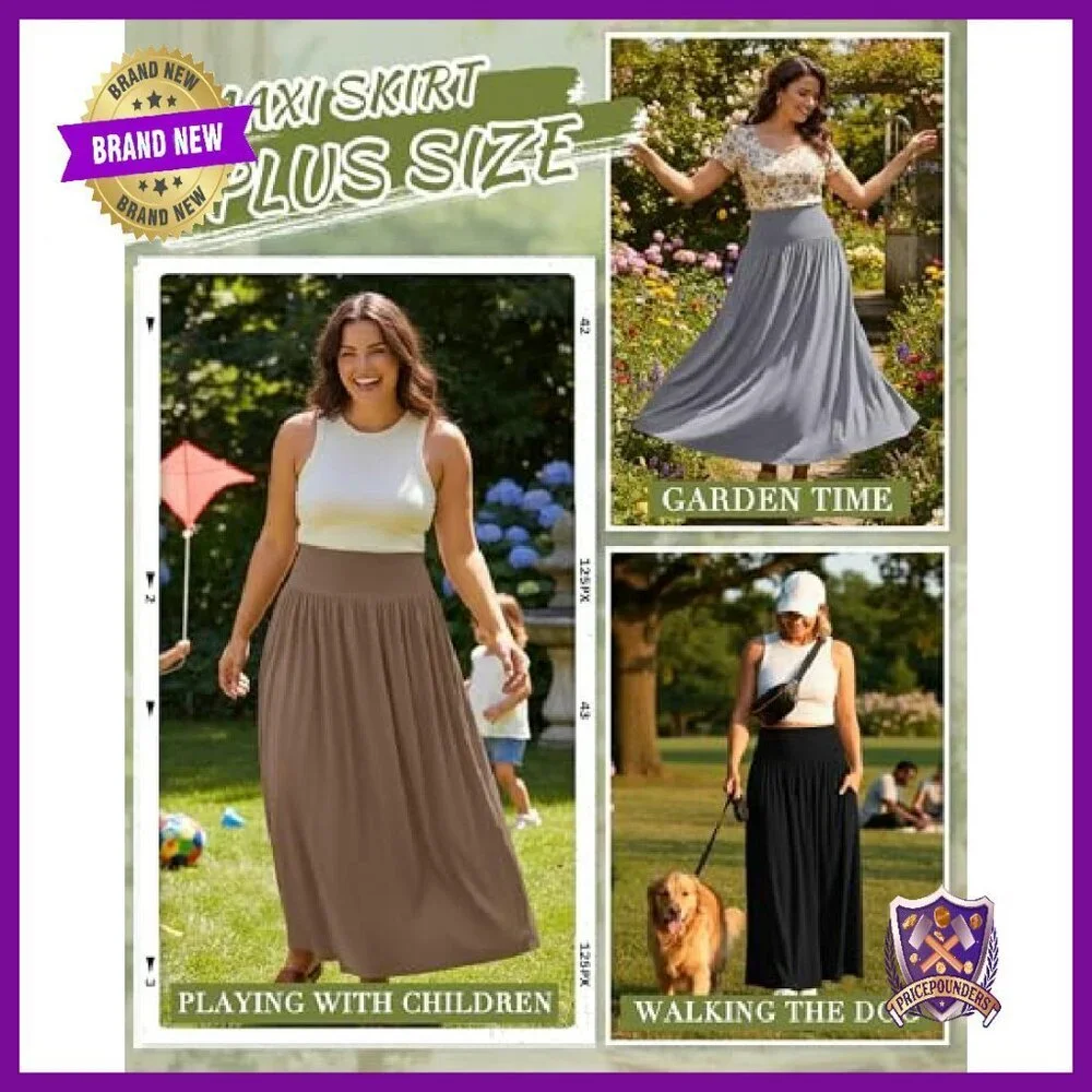 Plus Size Maxi Skirts 3 Pack High Waisted Pleated A Line with Pocket
